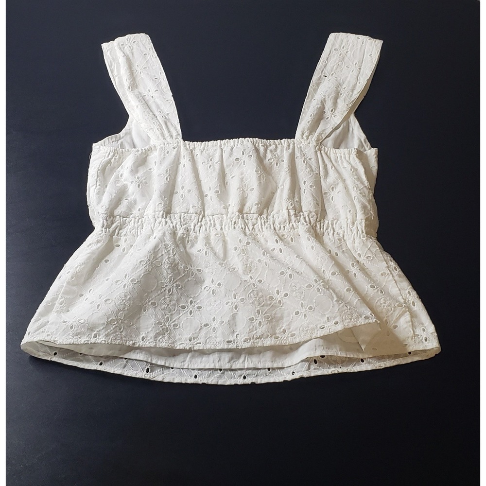 Flag & Anthem White Eyelet Peplum Blouse Top Tassel Tie L Cottagecore Milkmaid - Picture 2 of 13